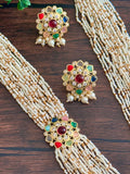 Multi strand seed pearl long haar with Navaratan side pendant