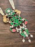 Dual Tone Long pendant set on seed pearls with elephant motif