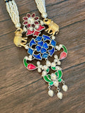 Dual Tone Long pendant set on seed pearls with elephant motif