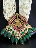 Stunning jadau kundan lakshmi pendant set in seed pearls strings