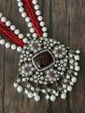 Pearls and red onyx beads necklace with vic CZ pendant