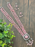 Long beaded necklace with victorian rectangular pendant