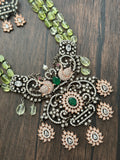 Beaded necklace with peacock motif pendant in vic and rose finish