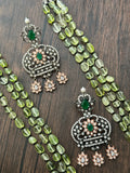 Beaded necklace with peacock motif pendant in vic and rose finish
