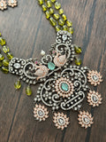 Beaded necklace with peacock motif pendant in vic and rose finish