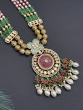 Beads necklace with silver foil pendant and carved stone