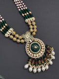 Beads necklace with silver foil pendant and carved stone