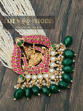 Stunning jadau kundan lakshmi pendant set in seed pearls strings