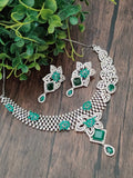 Jali design CZ necklace in silver and greens stones