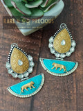 Dual tone copper earrings with carved stones