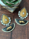 Dual tone copper earrings with carved stones