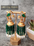 Copper jhumki earrings with carved stones and onyx beads