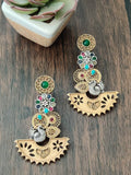 Dual tone long earrings with chandbali design and peacock motifs